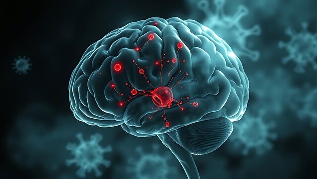 Ghostly double-exposure of a human brain with decaying viral particles and zombie-cell shadows.