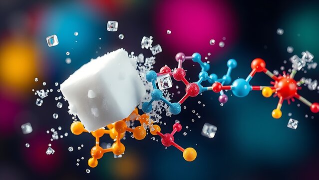 Floating sugar cubes dissolving into vibrant molecular structures, depicting metabolic balance.