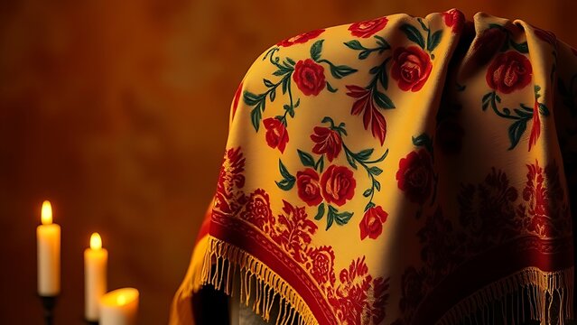 Spanish embroidered shawl with floral motifs in burgundy and gold, draped elegantly over a chair in warm candlelight.