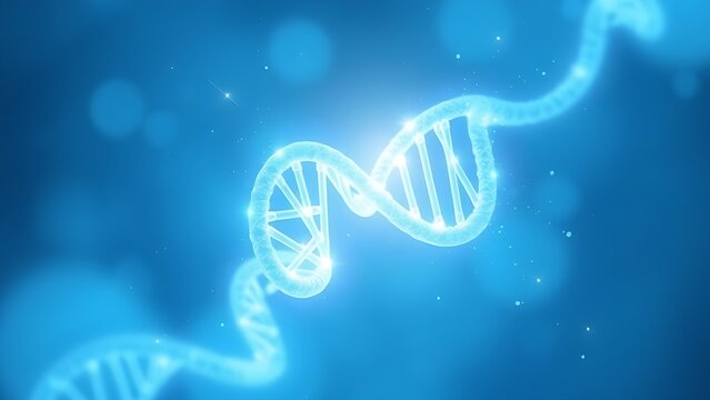 A glowing double helix DNA strand surrounded by ethereal blue healing energy.