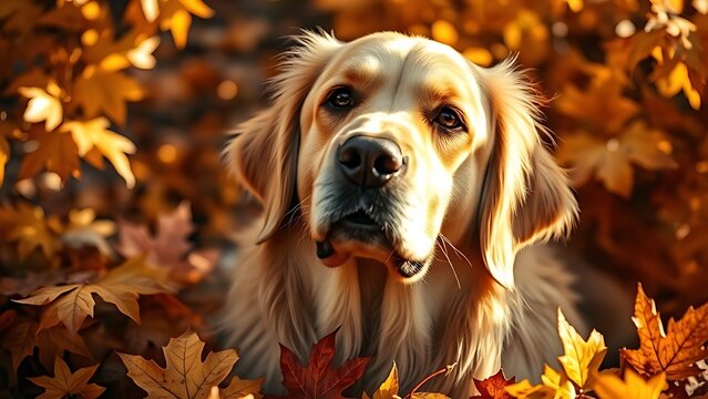 Golden Retriever amidst autumn leaves, showcasing a warm and friendly expression in natural light.