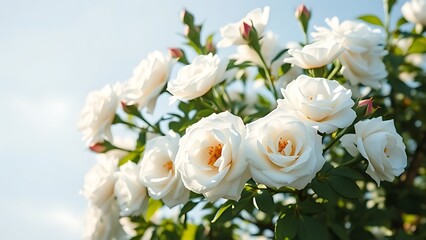 Fototapeta premium Close-up of white bush roses in full bloom against a soft blue sky, embodying spring garden beauty.