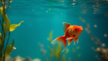 Red goldfish swimming gracefully in clear water, surrounded by aquatic plants and soft blue light.