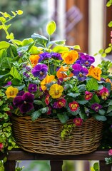 Colorful flowers in a wicker basket planter on a balcony