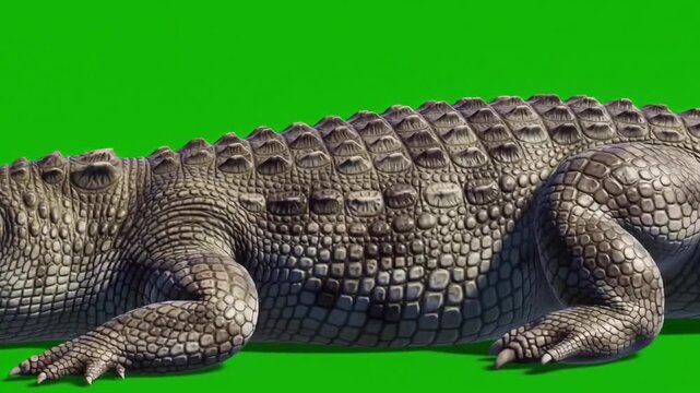 Realistic crocodile resting on a vibrant green background, ideal for wildlife education and media