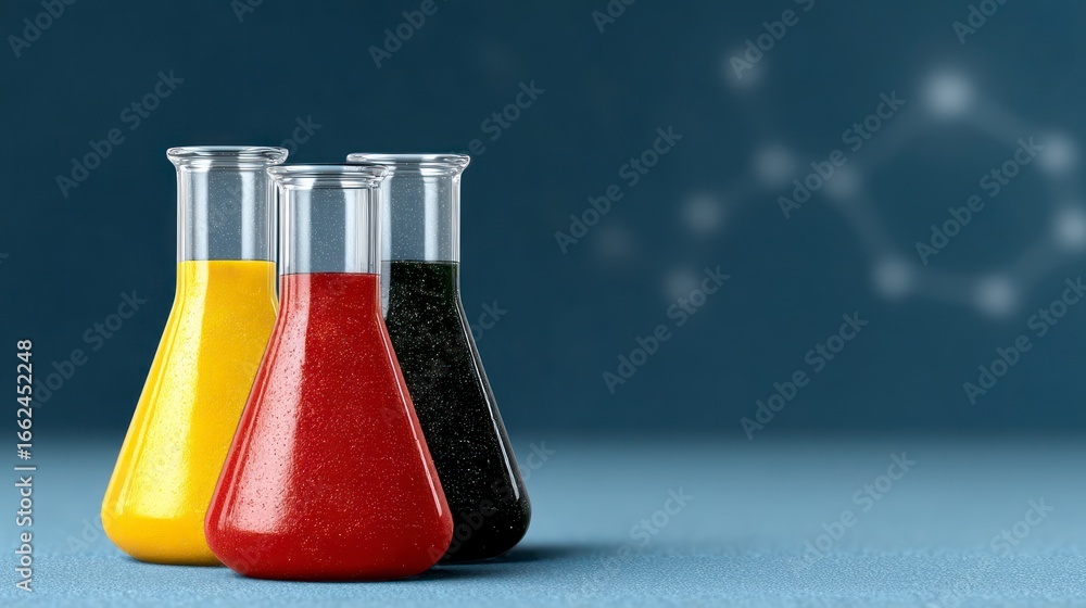 Poster three erlenmeyer flasks containing yellow red and dark liquids against a blurred background with a m