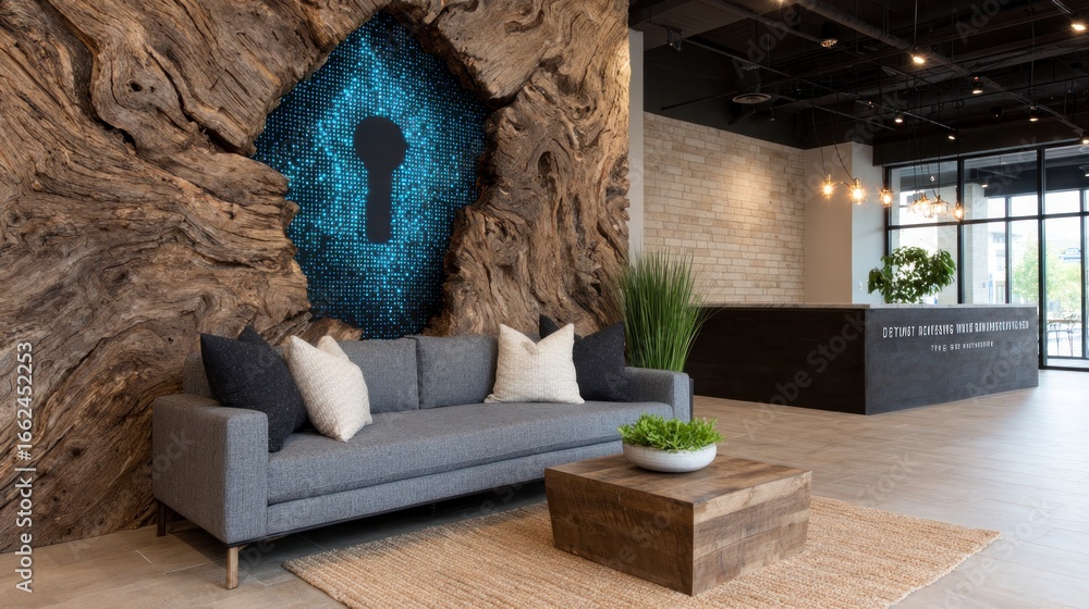 Poster modern reception area with a textured wooden feature wall a grey sofa and a dark reception desk
