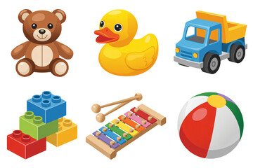 Naklejka premium Adorable cartoon toys for kids: teddy bear, duck, truck, blocks, xylophone