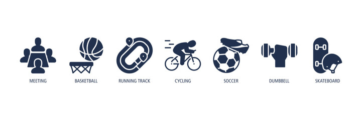 Mixed Sports Collection Glyph Icons Web Banner – meeting, basketball, running track, cycling, soccer, dumbbell, skateboard © ali