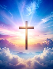 A luminous cross above a sunlit, cloud-filled sky