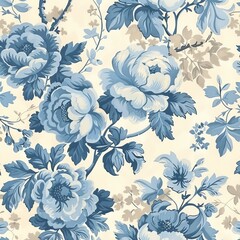 Obraz premium Cream-colored fabric with large, stylized blue roses and foliage