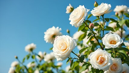 White bush roses in full bloom against a clear blue sky, embodying the freshness and beauty of spring.
