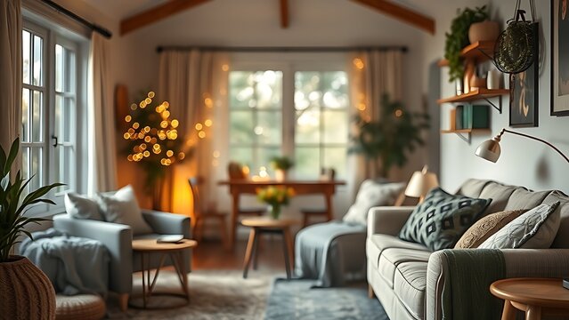 Cozy living space with warm lighting and comfortable seating, evoking a relaxed and inviting atmosphere.