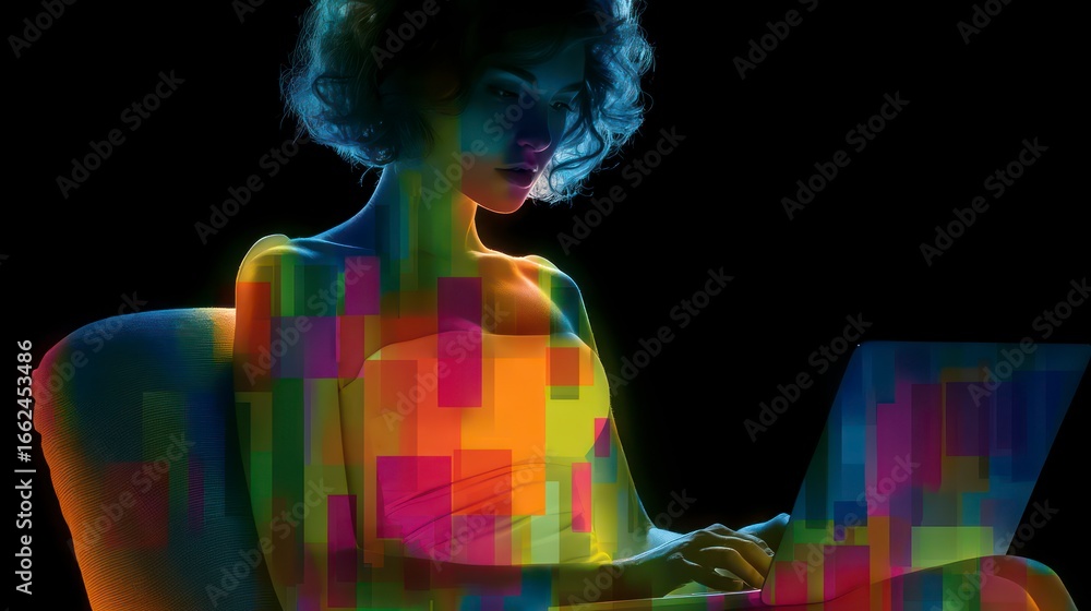 Aufkleber woman with curly hair illuminated by colorful abstract light patterns on a dark background using a l
