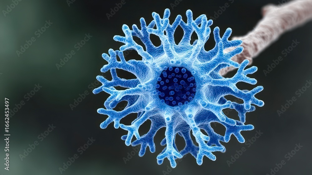 Poster detailed 3d rendering of a blue cell with branching extensions and a dark nucleus