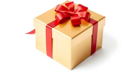 Obraz premium A luxurious gold gift box with a red ribbon, elegantly presented on a clean white background.