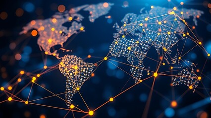 Abstract visualization of global business connections with flowing lines in a blue and gold color scheme.