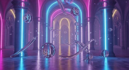 Neon cathedral with floating glass orbs a futuristic architectural render featuring vibrant colors and a surreal atmosphere perfect for modern design projects