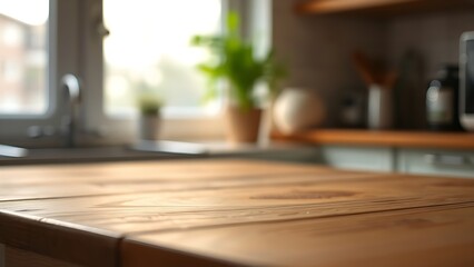 Close-up of a wooden table surface illuminated by gentle kitchen window light, with subtle greenery blurred in the background.