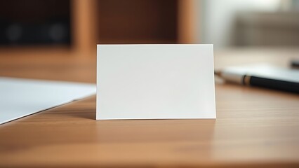 A blank notecard placed on a wooden desk with soft diffused lighting and shallow focus.