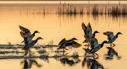 Mallard Ducks Taking Flight on a Golden Lake at Sunset