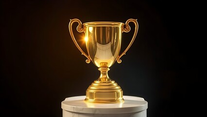 A golden trophy gleaming on a marble stand under warm spotlight, set against a dark elegant background.