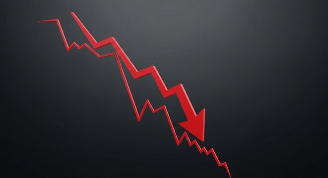 Red arrow pointing down showing financial loss and stock market crash on a dark background representing economic downturn and recession in a 3d rendering
