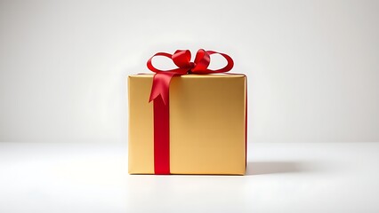 A luxurious gold gift box adorned with a red ribbon bow, elegantly presented on white.