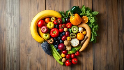 A vibrant heart-shaped display of fresh produce on a weathered wooden table, celebrating natural abundance.