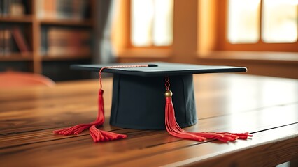Single graduation cap on a wooden surface with tassel detail in warm academic atmosphere.