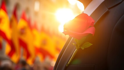 Red carnation on navy jacket, basking in golden light with Spanish flags in the backdrop.