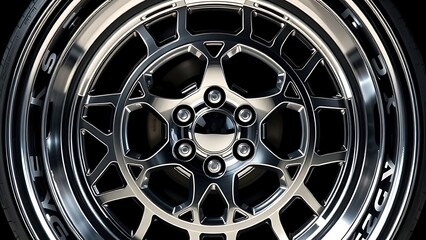 Shiny metallic wheel rim with intricate geometric design, reflecting studio lighting.