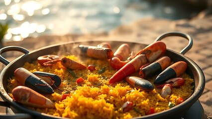 Artisanal paella pan with golden saffron rice and fresh seafood, celebrating Spain's National Day with Mediterranean coastal hues.