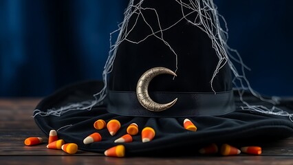 Velvet black witch hat with silver cobwebs and moon pin, resting on table with candy corn.