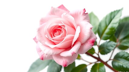 Elegant pink watercolor rose with green leaves on a soft, neutral background.