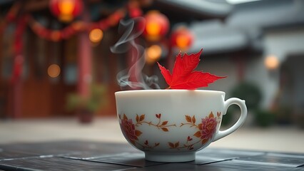 A delicate porcelain teacup with chrysanthemum motifs, paired with a red maple leaf and steam.
