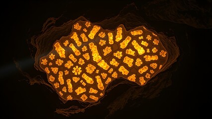 Fossilized microbial patterns glow in ancient rock, lit by primal sunlight.