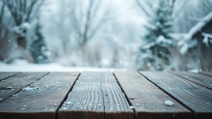 Minimalist winter table setting with light snowfall and cold tones, creating a tranquil mood.