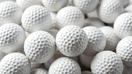 Close-up of a cluster of golf balls, highlighting their pristine white surface and unique dimple texture.