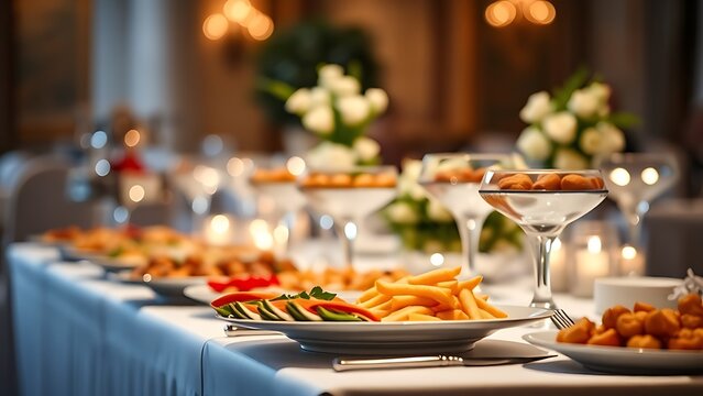 An elegant wedding buffet table, softly lit with a focus on the food arrangement.