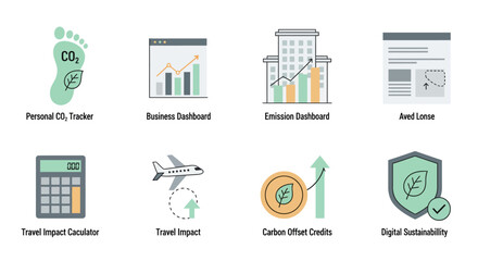 Sustainability Icons Carbon Footprint, Emission Dashboard, and Digital Solutions