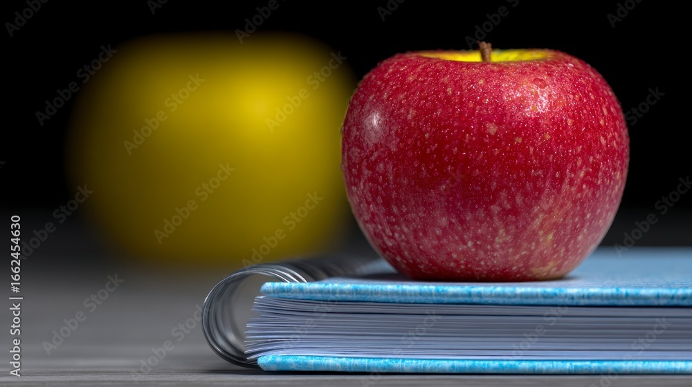 Poster red apple with water droplets rests on an open blue notebook soft yellow circle in background