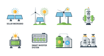 Renewable energy sources and smart technology icons illustrating solar, wind, and hydrogen power generation.