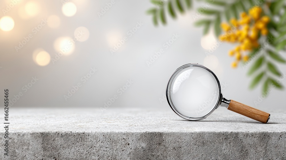 Aufkleber magnifying glass resting on a textured surface with soft bokeh lights and greenery