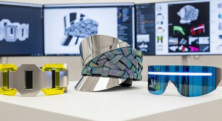 Futuristic fashion accessories: bracelet, hat, and sunglasses on a white surface.