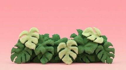 Digitally rendered monstera leaves composed of small green spheres against a pink background