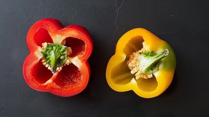 A Bell Pepper Cut in Half: Vibrant, Juicy Bell Pepper Split Open, Revealing Fresh Seeds and Crisp Flesh&mdash;Close-Up Shot Highlighting Bold Color (Red/Yellow/Green) for Food Photography, Cooking Prep