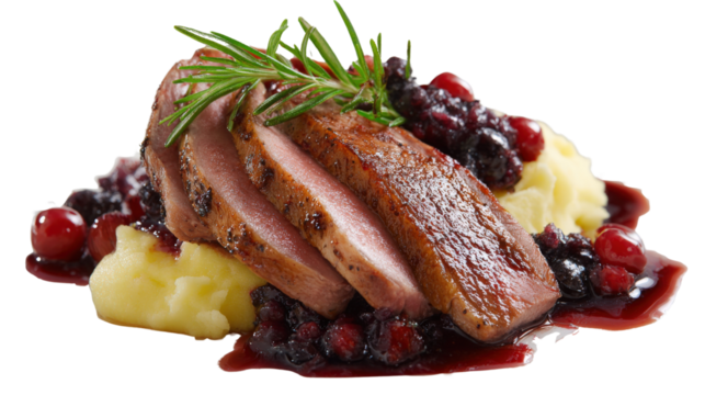 Creative plating of seared duck breast with a berry compote and mashed potatoes, isolated on a Transparent background, PNG file.
