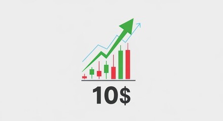 Financial growth chart showing a ten dollar increase with rising graph and candlestick pattern for investment and business success illustration