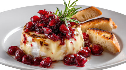 Creative plating of baked brie with cranberry sauce and toasted bread, isolated on a Transparent background, PNG file.